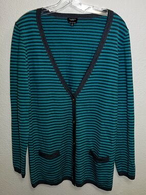 Talbots Teal Blue Gray Striped V-Neck Cardigan Medium Preppy Italian Merino Wool